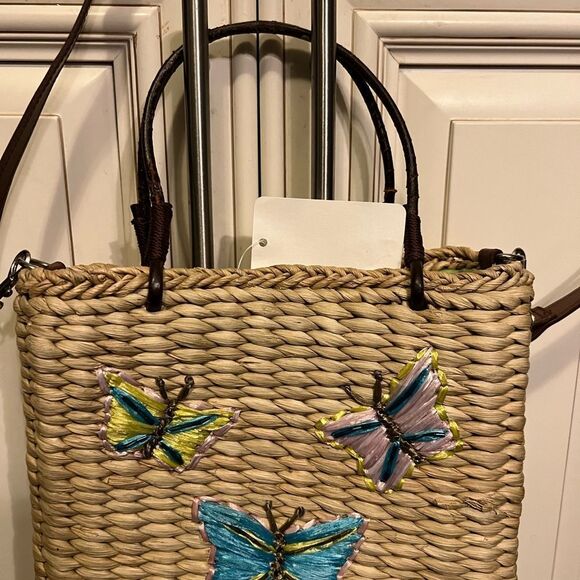 Sonoma Vintage Butterflies Straw Wicker Woven Handbag/Shoulder Purse Bag | Tan - Picture 3 of 9